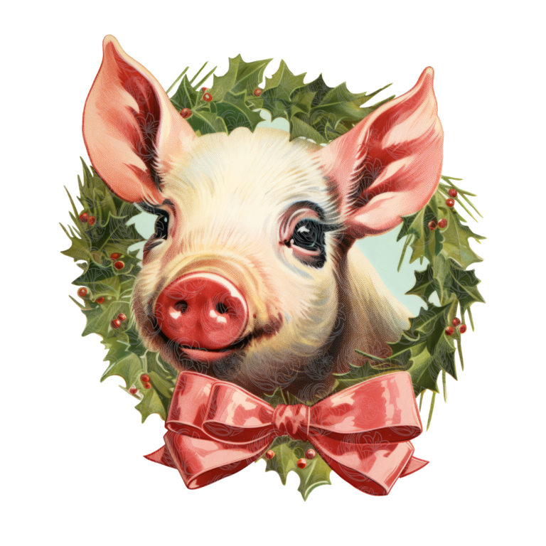 Christmas pig wreath vintage illustration with holly berries and red bow, Grey Barn Handwerk, Saskatchewan.